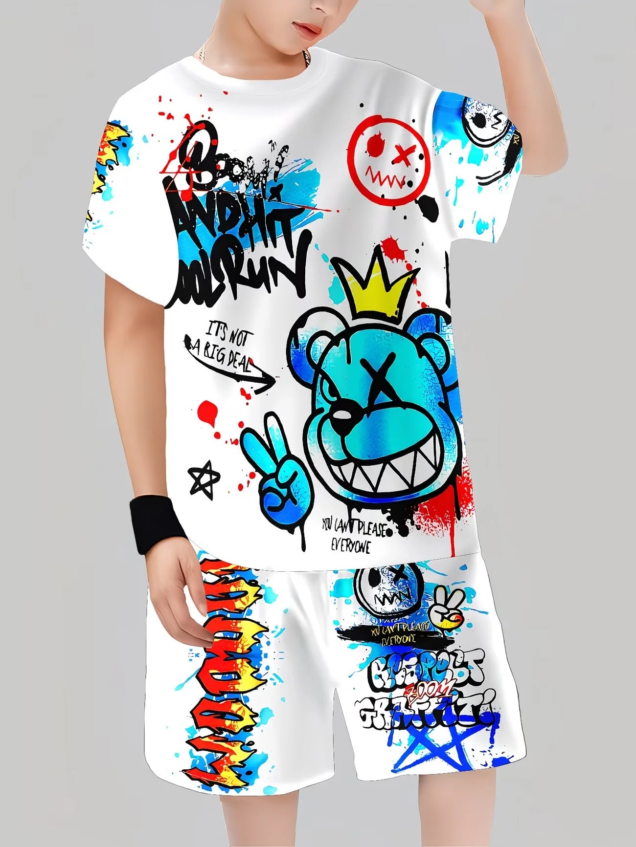 Crew Neck T-Shirt + Shorts Set Graffiti Style Allover Print Casual Streetwear Kids Daily Playwear Ages 1-14