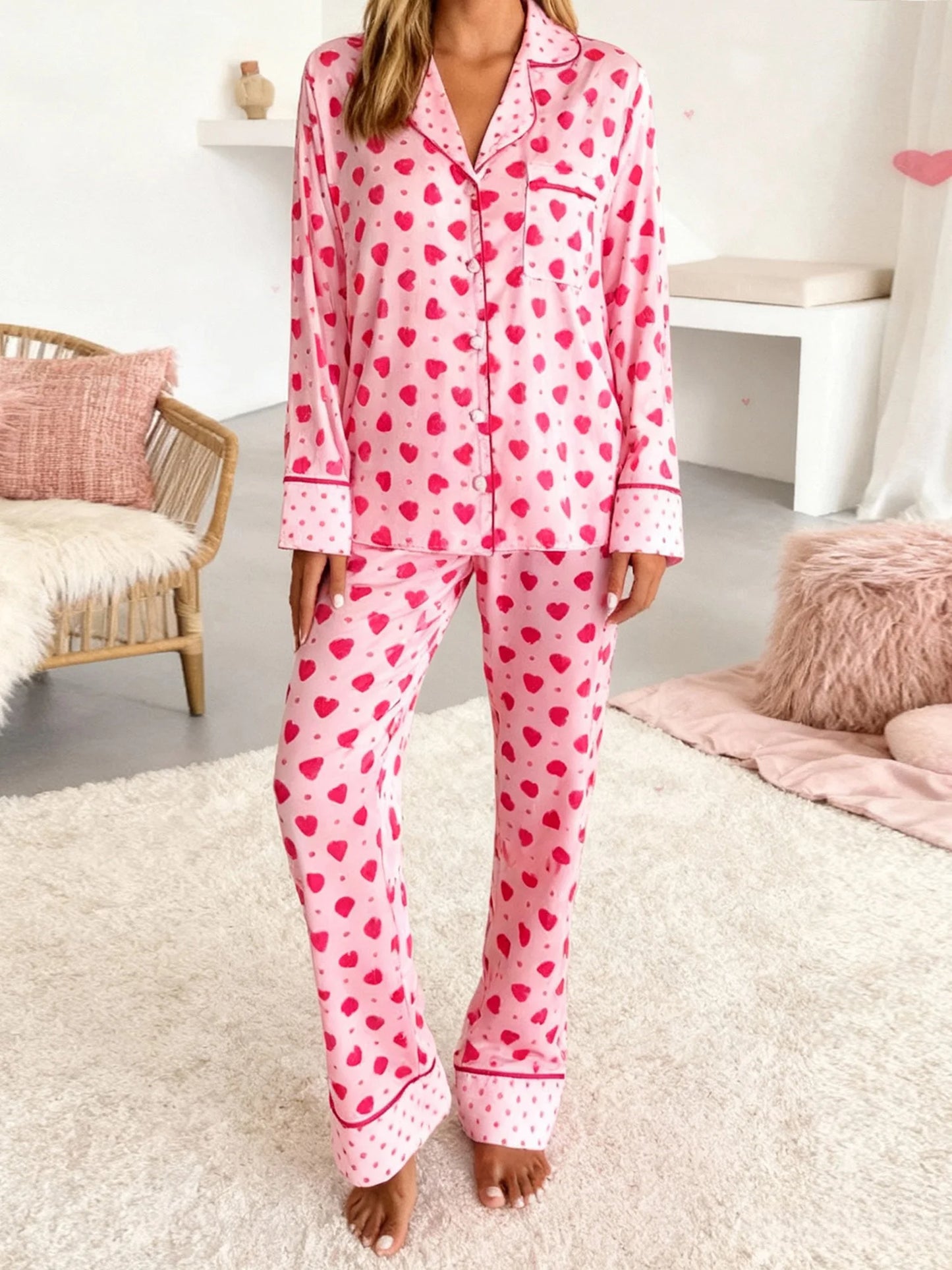 Valentine s Day Women s Pajama Set with Heart Print Long Sleeve Top and Elastic Waist Pants - 2 Piece Outfit featuring Turn