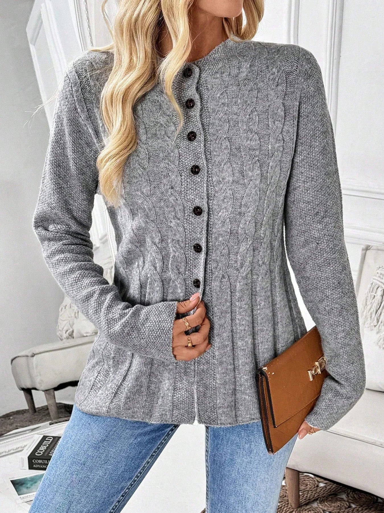 Women's simple solid color long sleeved cardigan knitted sweater for autumn and winter