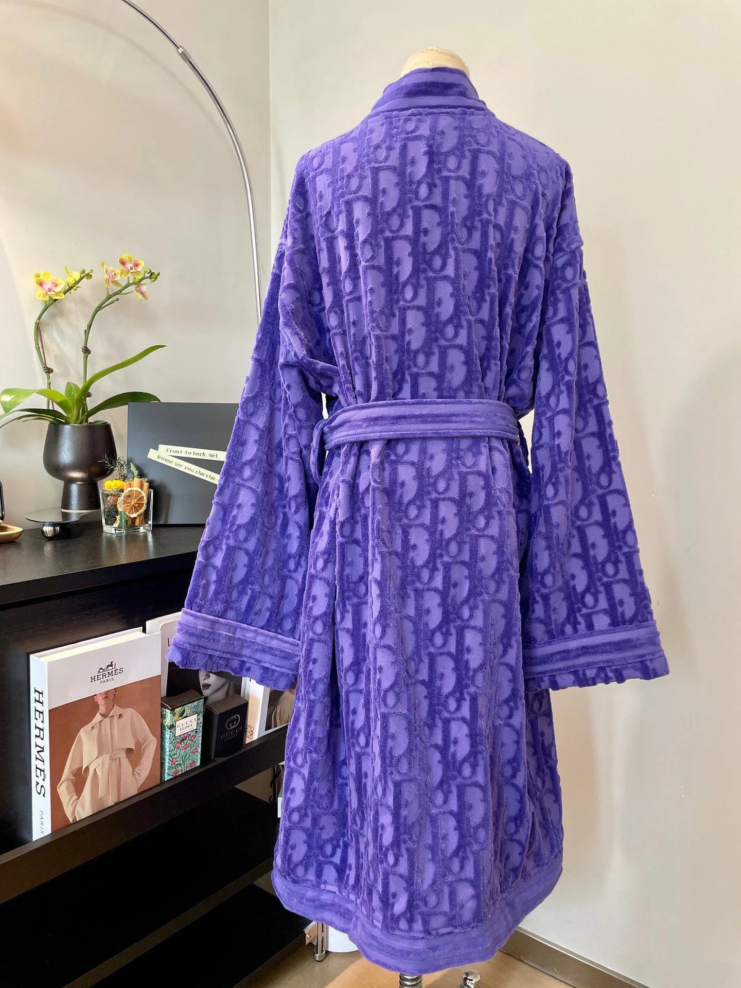 Cozy Purple Embossed Pattern Robe - Autumn Winter Bathrobe with Sash Tie & Pockets, Unisex Couple Homewear