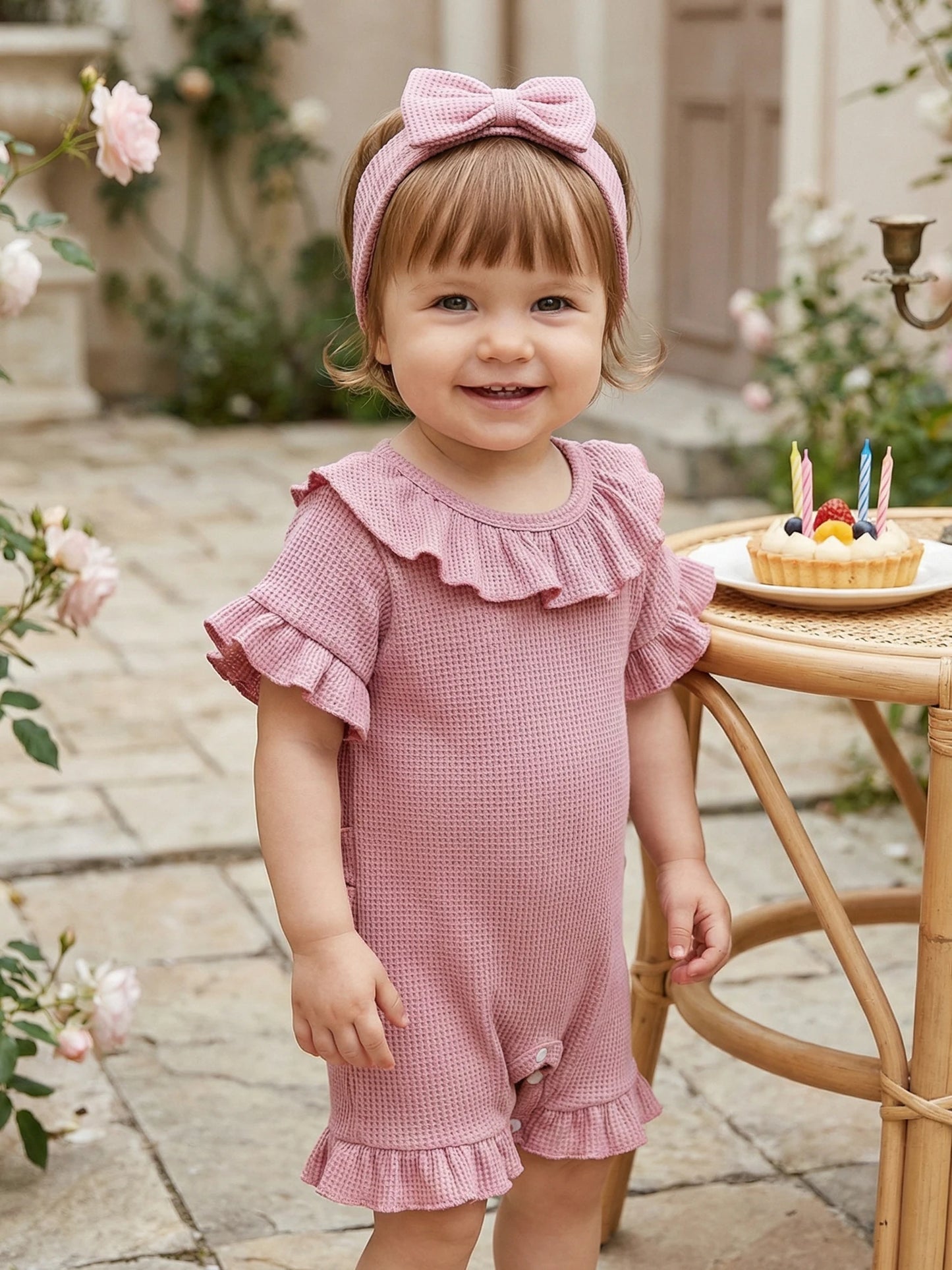 0-12months Baby Girl playsuit Summer Ruffle Short Sleeve Striped Print Romper for infant girls and Bow Headband Set