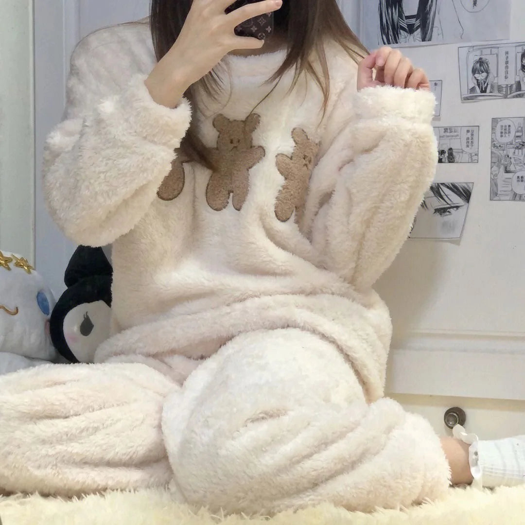 Women Autumn Winter Warm Flannel Female Pajamas Sets Thick Coral Velvet Long Sleeve Cartoon Sleepwear Sweet Solid Homewear 2XL