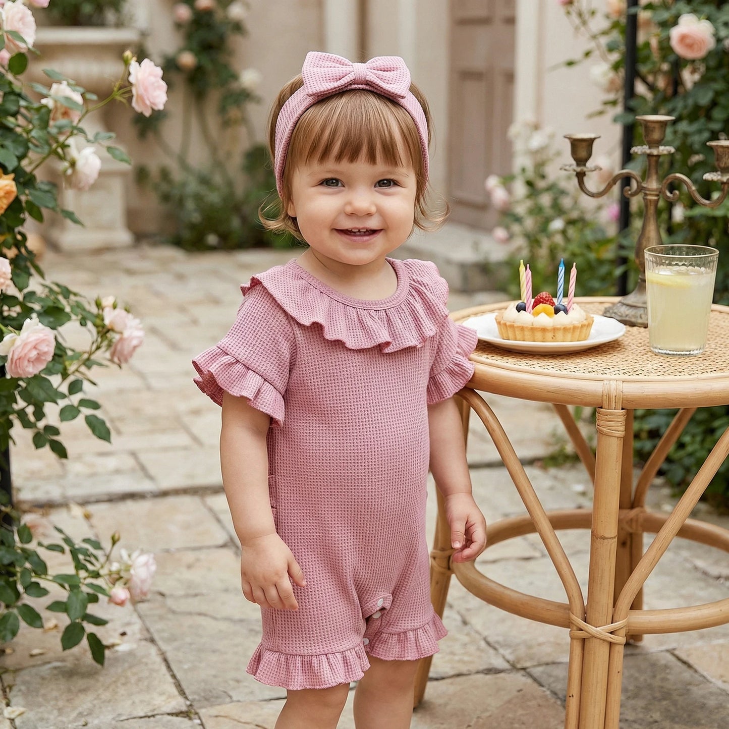 0-12months Baby Girl playsuit Summer Ruffle Short Sleeve Striped Print Romper for infant girls and Bow Headband Set