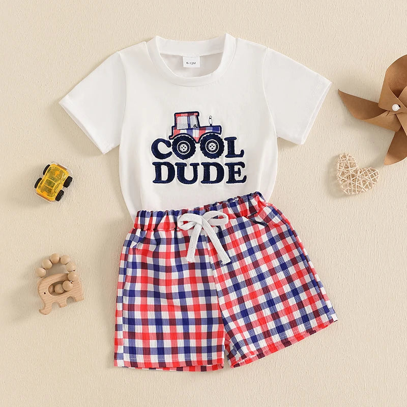 Boys Dinosaur Print T-shirt and Plaid Shorts Set Short Sleeve Embroidery Toddler Outfit for Summer Fun and Play