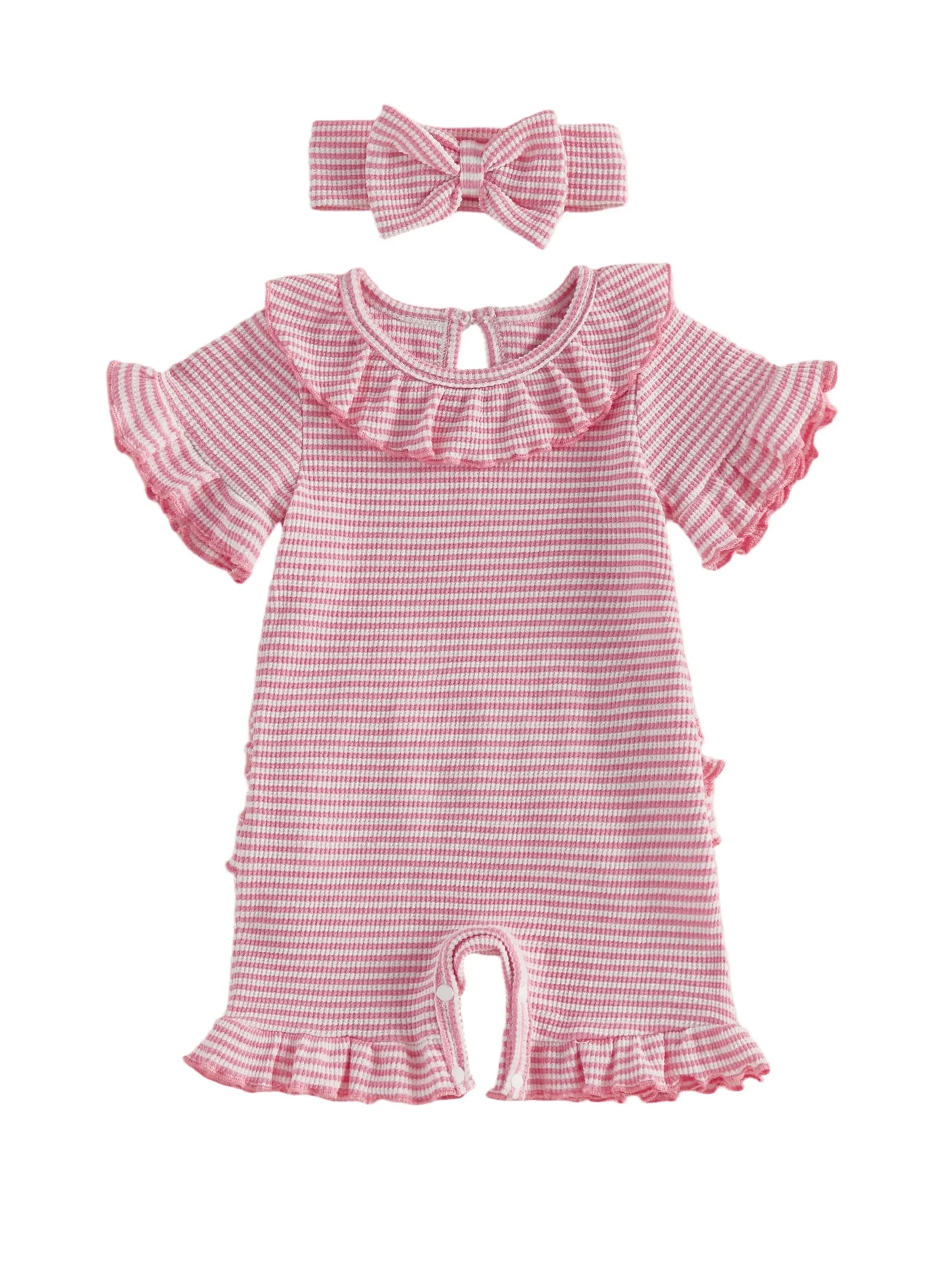 0-12months Baby Girl playsuit Summer Ruffle Short Sleeve Striped Print Romper for infant girls and Bow Headband Set