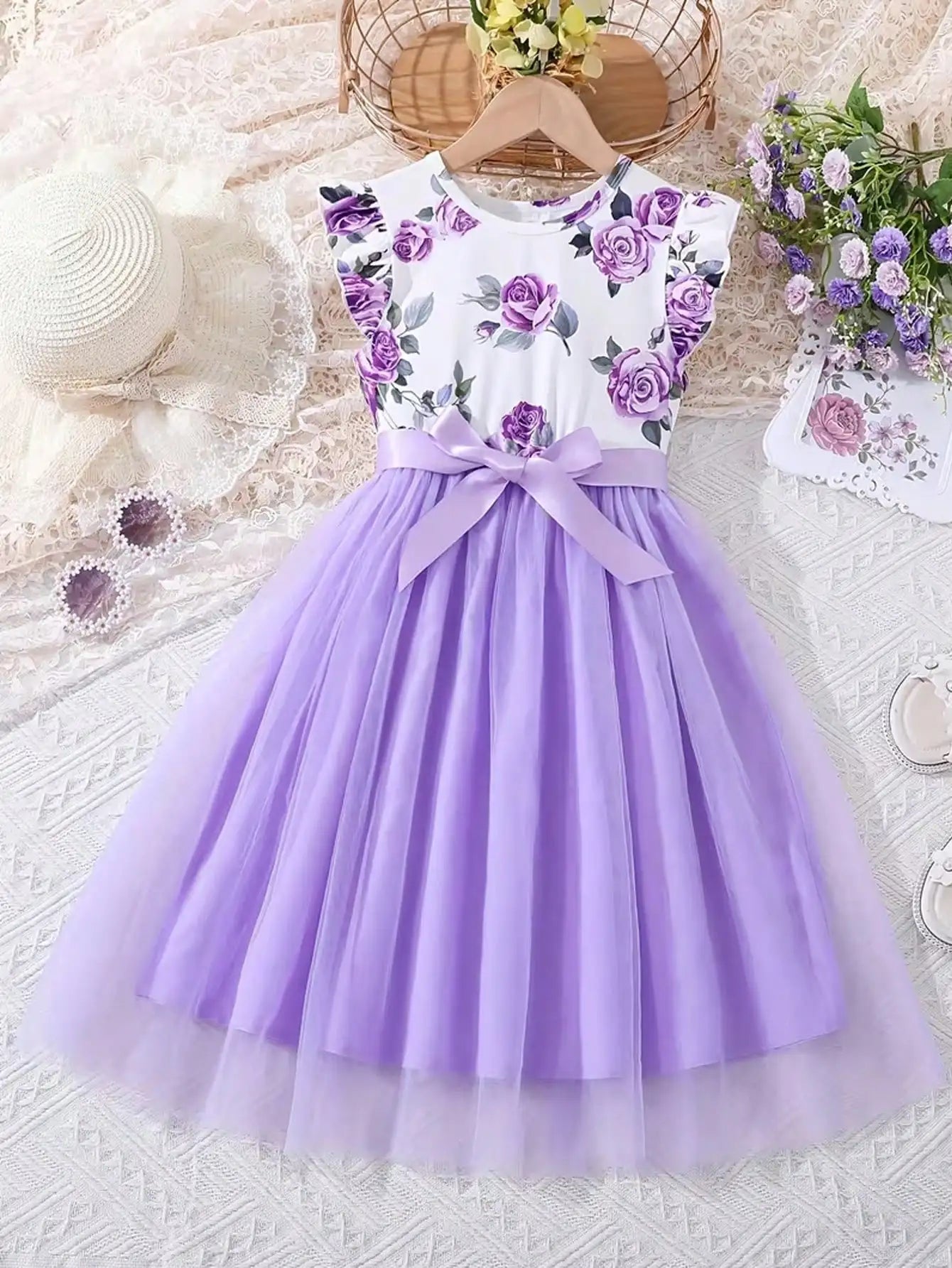 202 casual spring and autumn girls' children's clothing with small flying sleeves and floral print round neck cute fluffy dress
