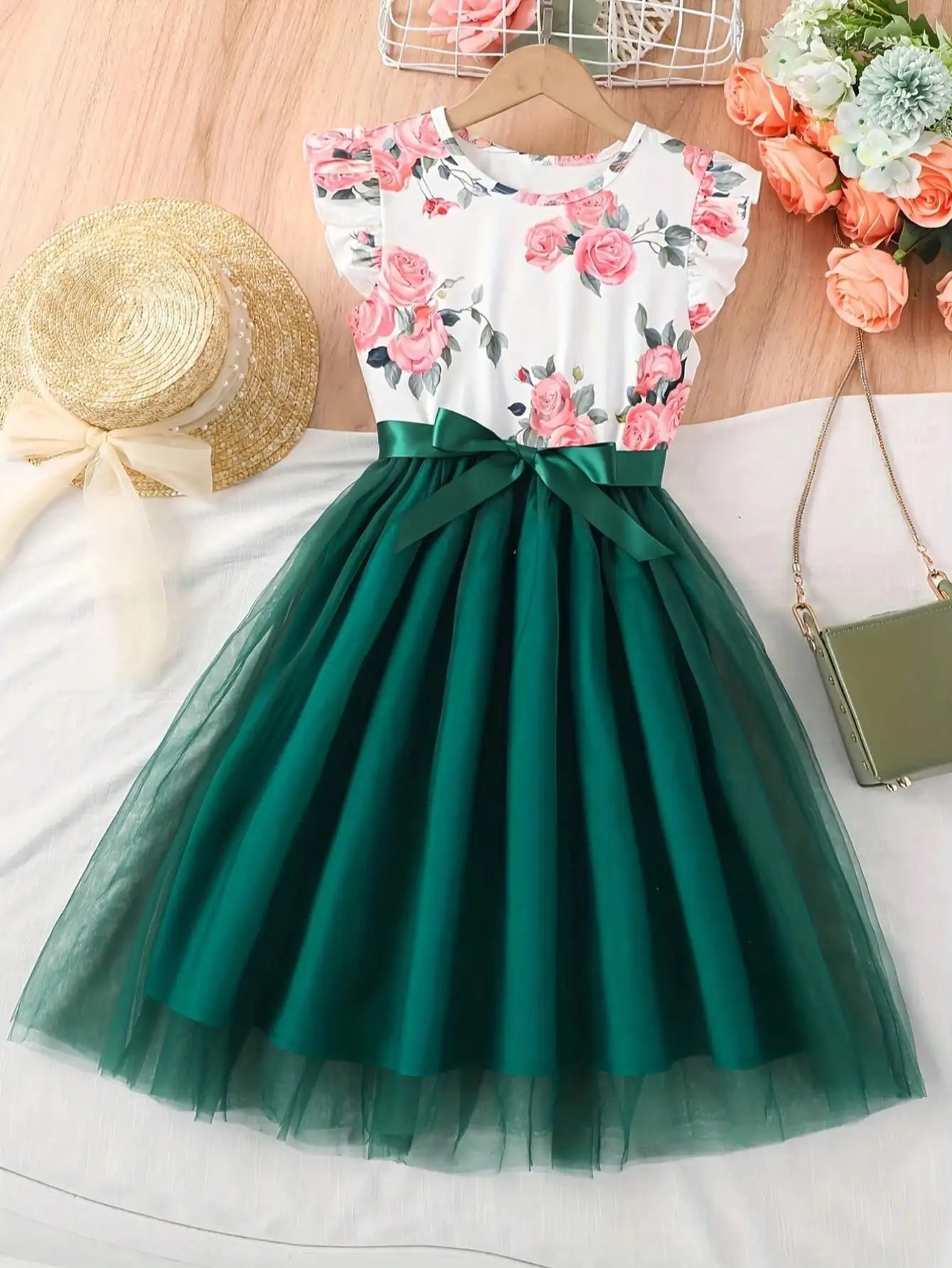 202 casual spring and autumn girls' children's clothing with small flying sleeves and floral print round neck cute fluffy dress
