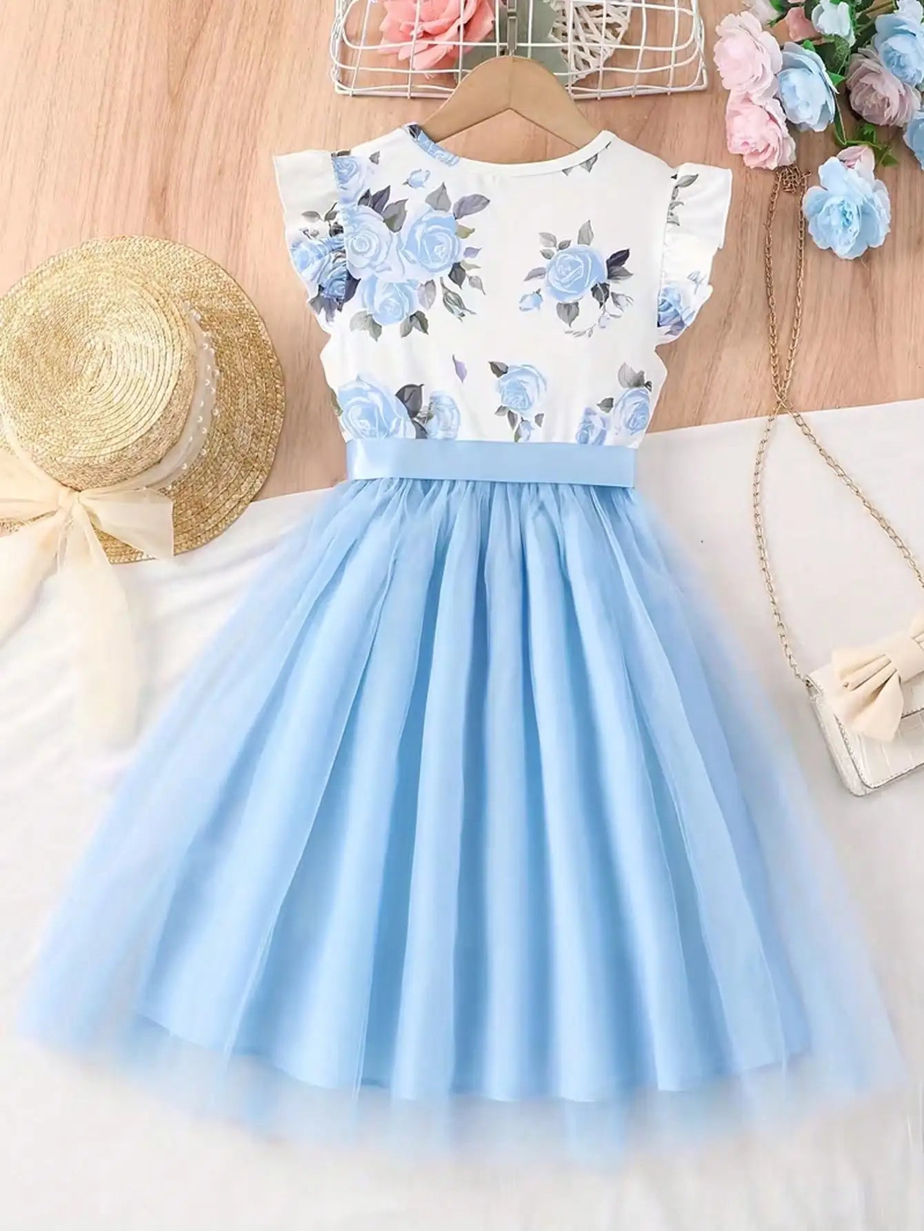 202 casual spring and autumn girls' children's clothing with small flying sleeves and floral print round neck cute fluffy dress