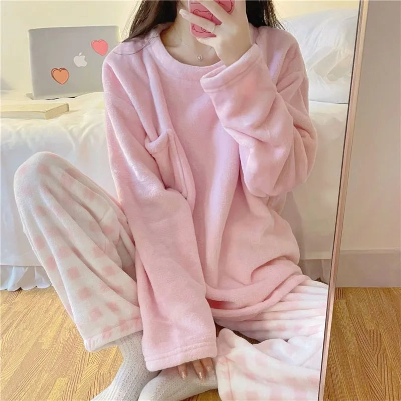Women Autumn Winter Warm Flannel Female Pajamas Sets Thick Coral Velvet Long Sleeve Cartoon Sleepwear Sweet Solid Homewear 2XL