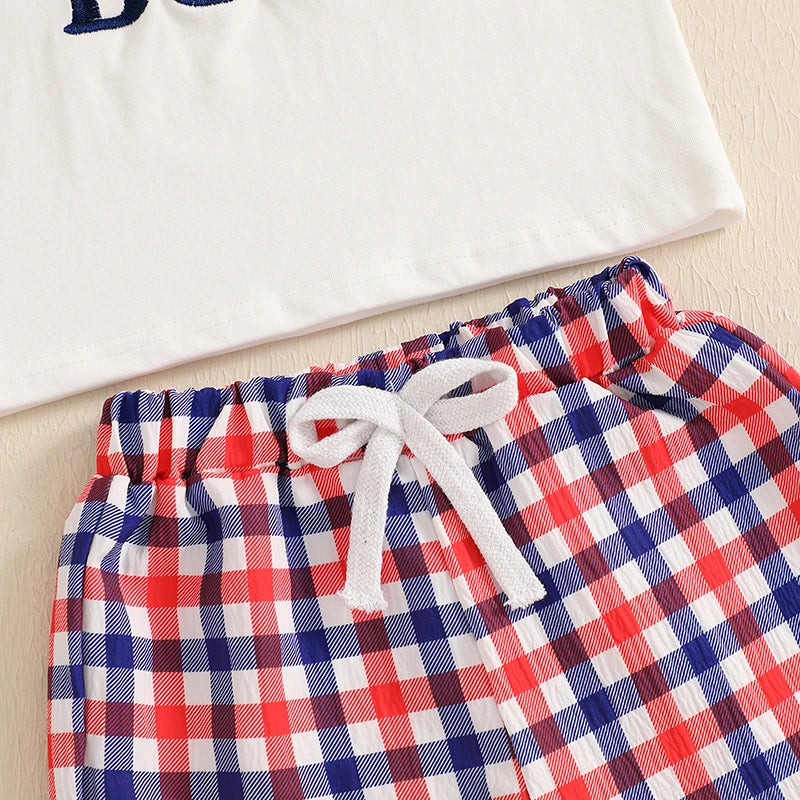 Boys Dinosaur Print T-shirt and Plaid Shorts Set Short Sleeve Embroidery Toddler Outfit for Summer Fun and Play