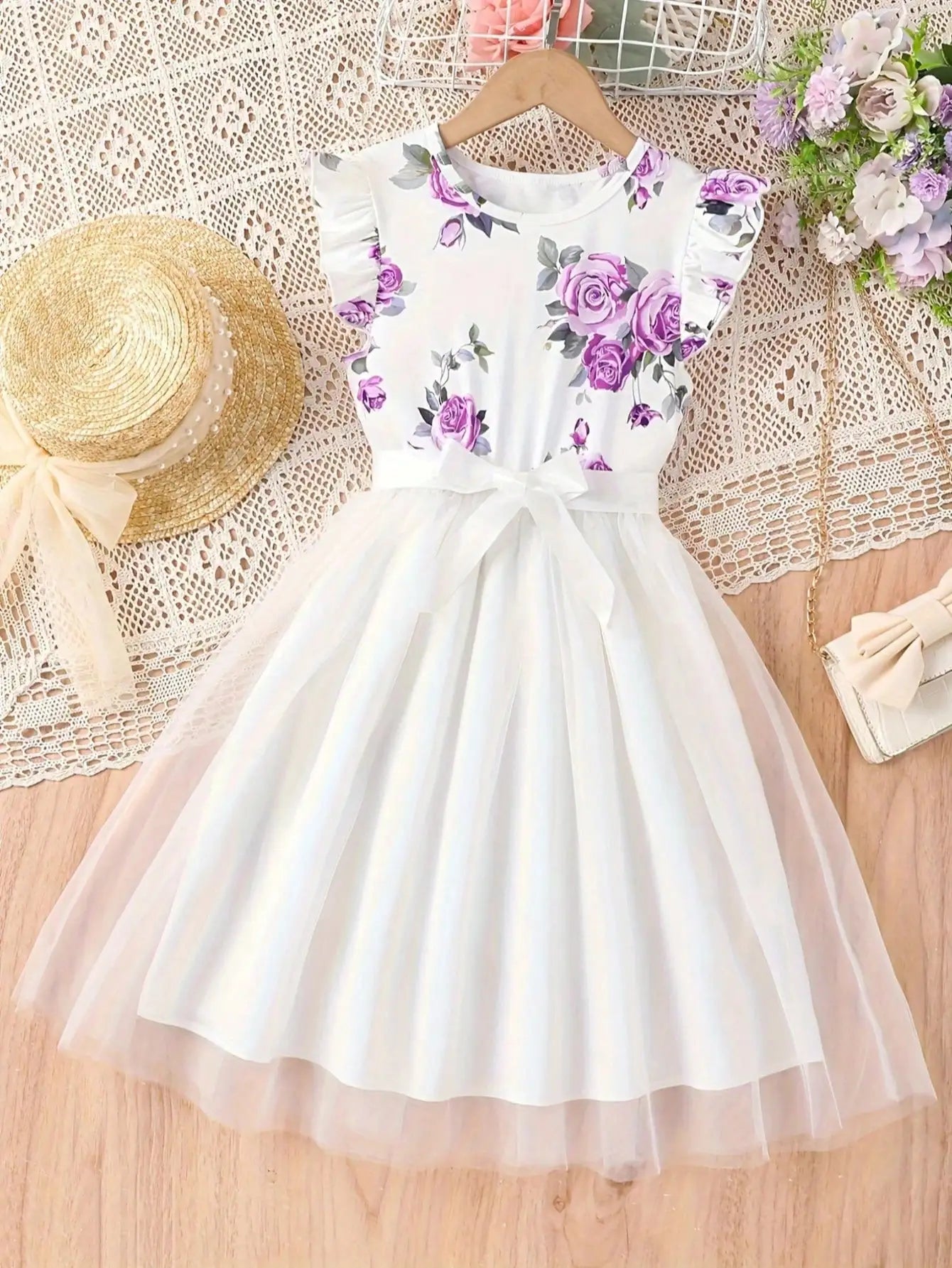 202 casual spring and autumn girls' children's clothing with small flying sleeves and floral print round neck cute fluffy dress