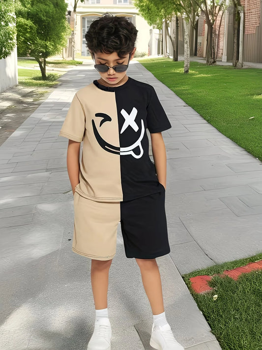Boys 2Pcs Summer Outfit Smile Face Print Beige Black Color Block Casual Sportswear Kids Streetwear Tracksuit