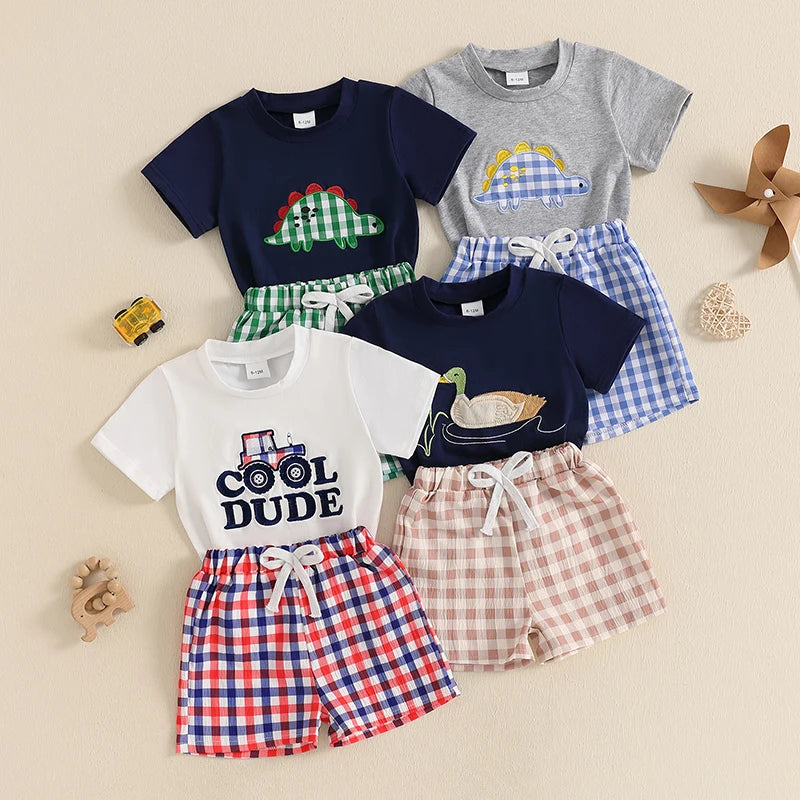 Boys Dinosaur Print T-shirt and Plaid Shorts Set Short Sleeve Embroidery Toddler Outfit for Summer Fun and Play