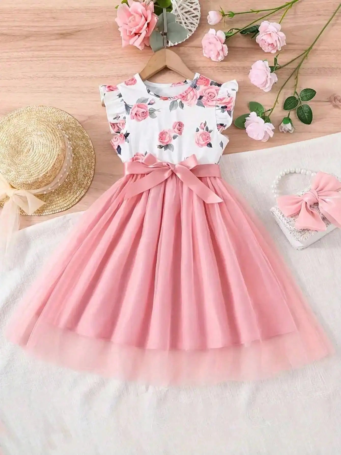 202 casual spring and autumn girls' children's clothing with small flying sleeves and floral print round neck cute fluffy dress