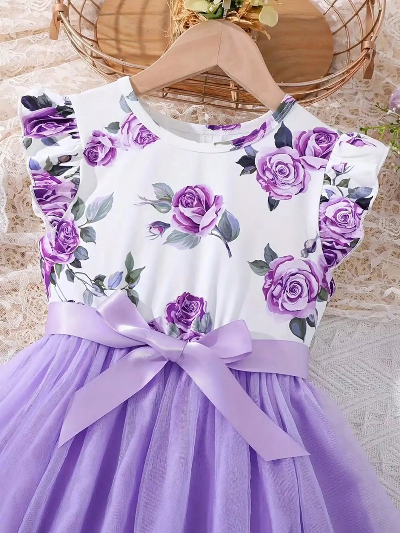 202 casual spring and autumn girls' children's clothing with small flying sleeves and floral print round neck cute fluffy dress