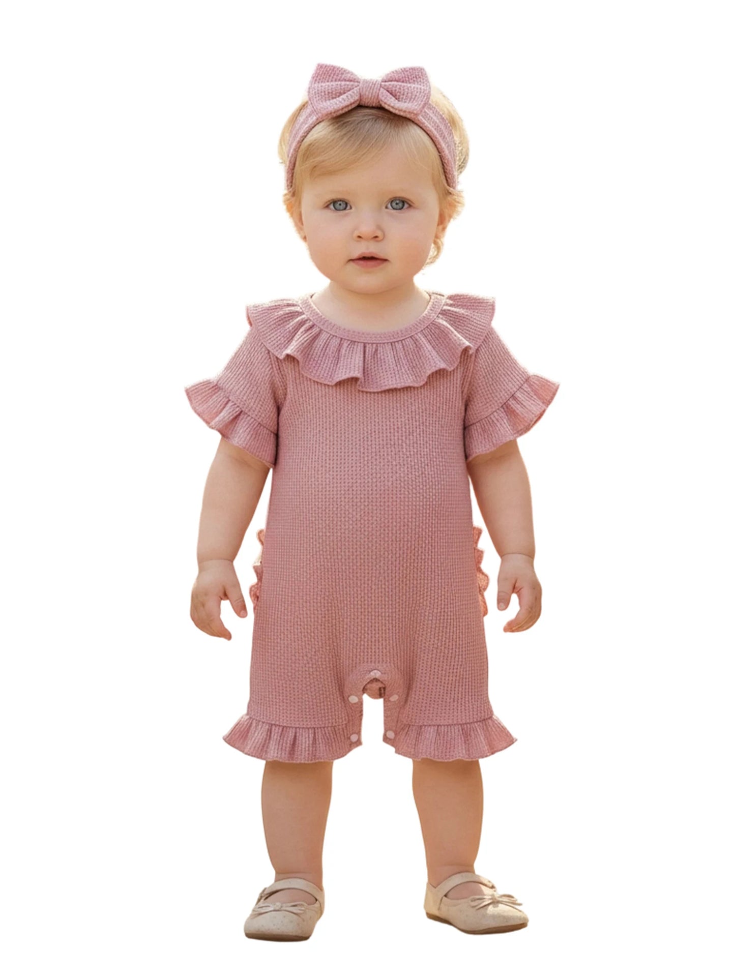 0-12months Baby Girl playsuit Summer Ruffle Short Sleeve Striped Print Romper for infant girls and Bow Headband Set