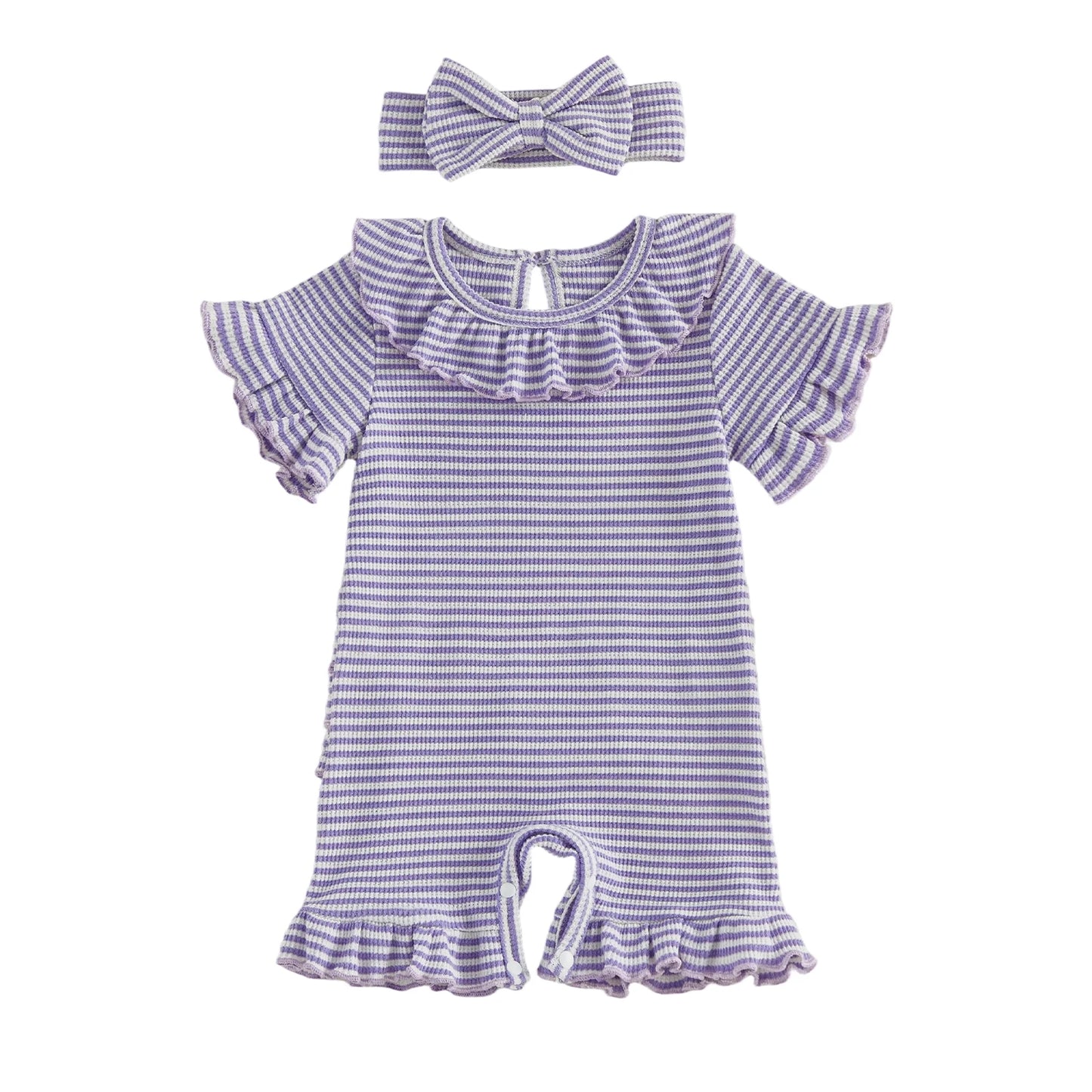 0-12months Baby Girl playsuit Summer Ruffle Short Sleeve Striped Print Romper for infant girls and Bow Headband Set