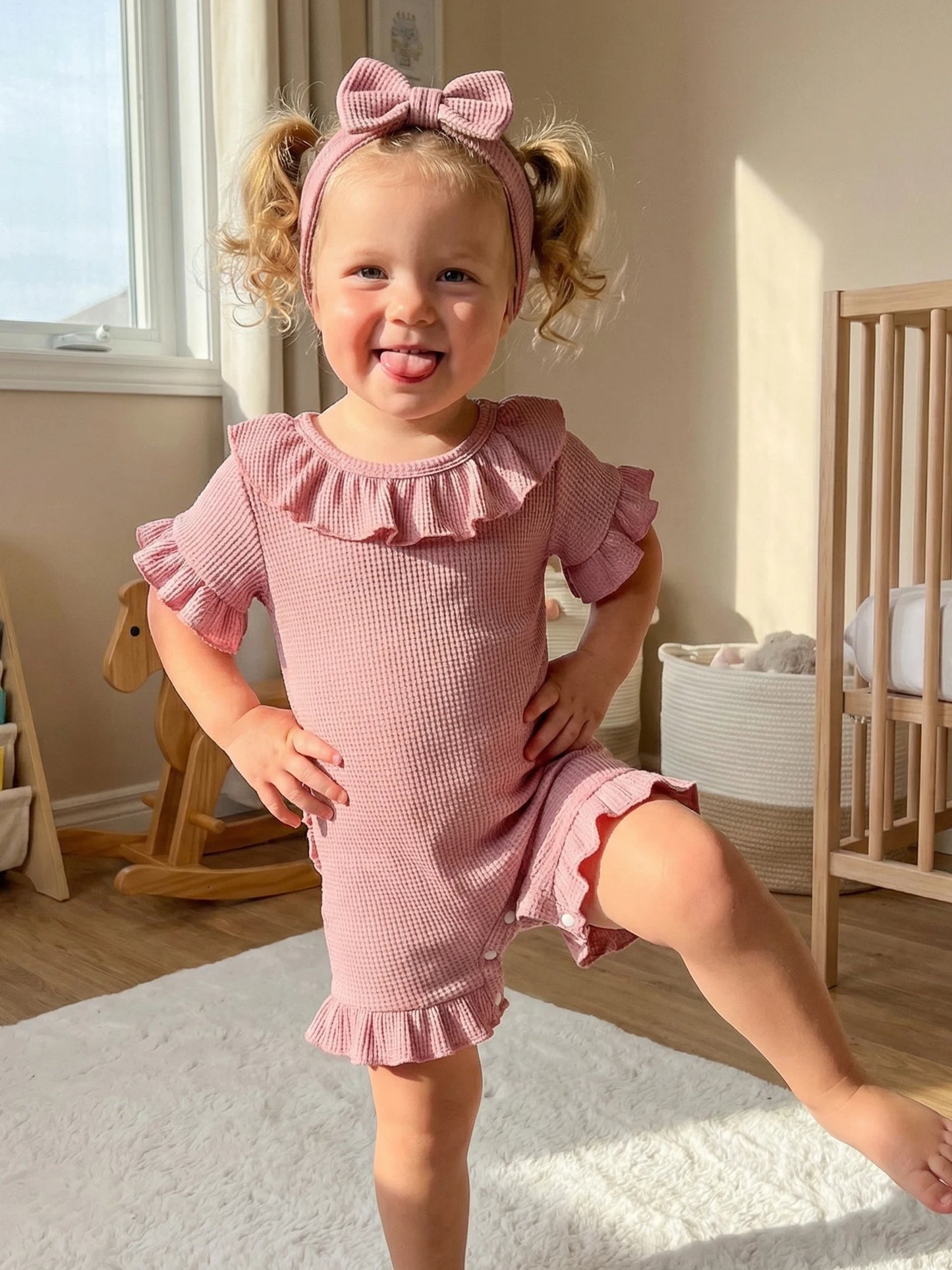 0-12months Baby Girl playsuit Summer Ruffle Short Sleeve Striped Print Romper for infant girls and Bow Headband Set