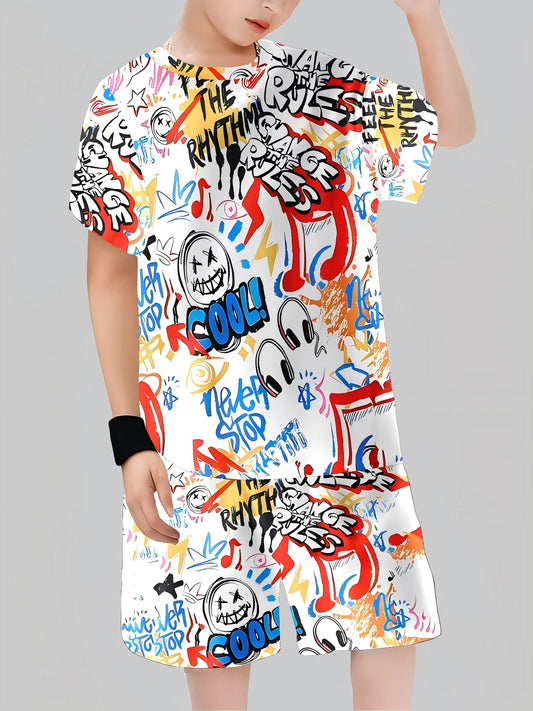 Crew Neck T-Shirt + Shorts Set Graffiti Style Allover Print Casual Streetwear Kids Daily Playwear Ages 1-14