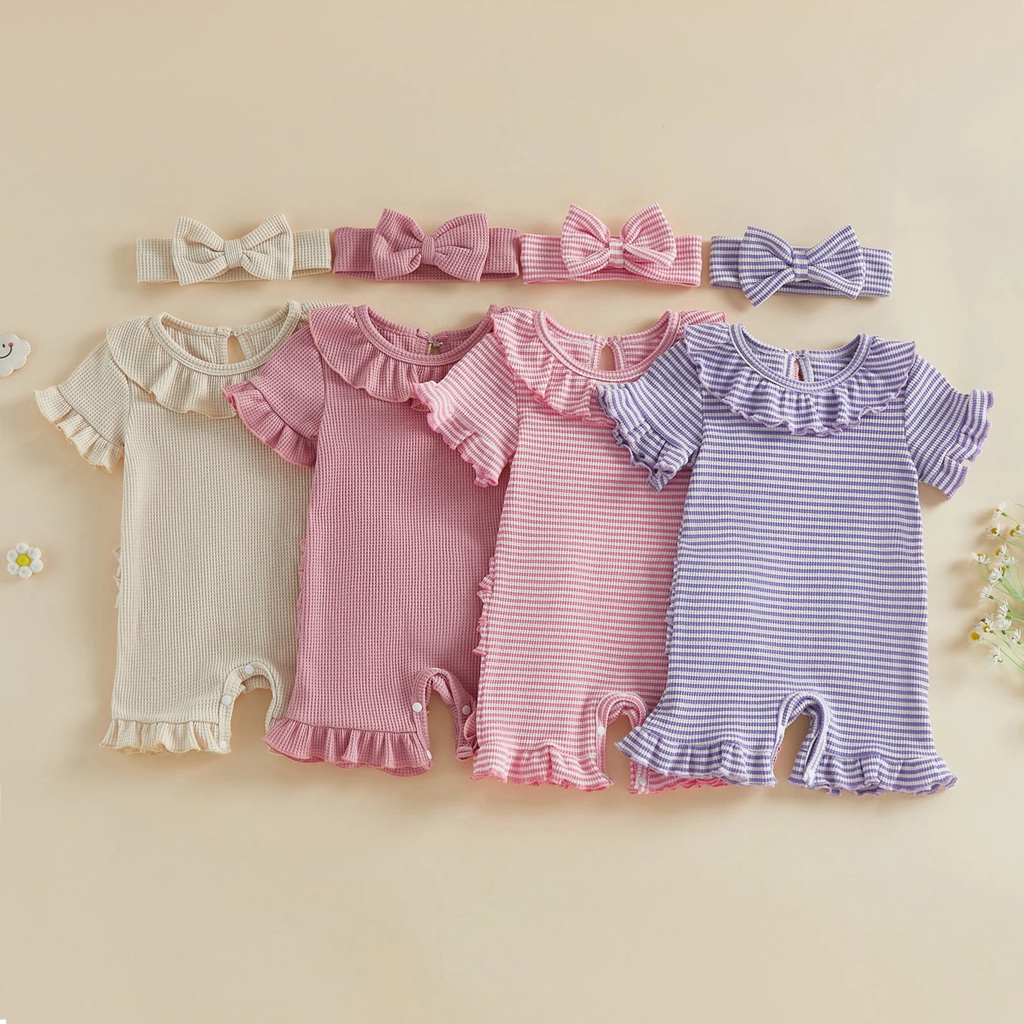 0-12months Baby Girl playsuit Summer Ruffle Short Sleeve Striped Print Romper for infant girls and Bow Headband Set