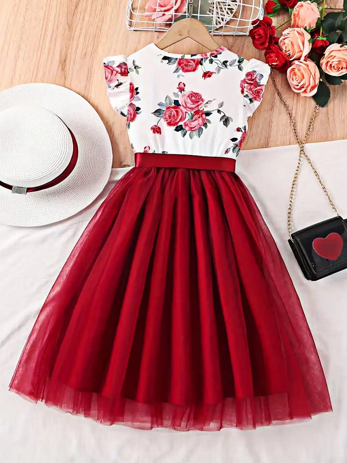 202 casual spring and autumn girls' children's clothing with small flying sleeves and floral print round neck cute fluffy dress