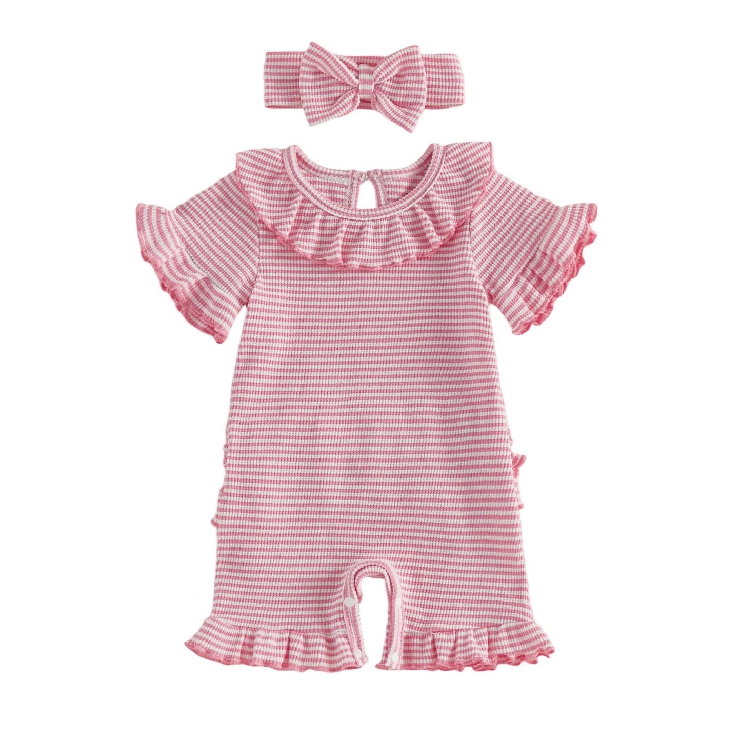 0-12months Baby Girl playsuit Summer Ruffle Short Sleeve Striped Print Romper for infant girls and Bow Headband Set