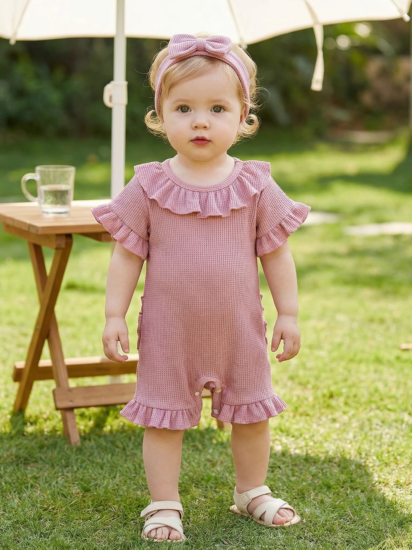 0-12months Baby Girl playsuit Summer Ruffle Short Sleeve Striped Print Romper for infant girls and Bow Headband Set