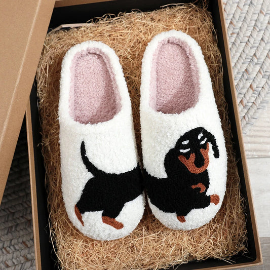 Plush Dachshund Slippers Closed Toe Slippers Comfortable Flat Thermal Slippers Fluffy Home Slippers for Outdoor Indoor Bedroom