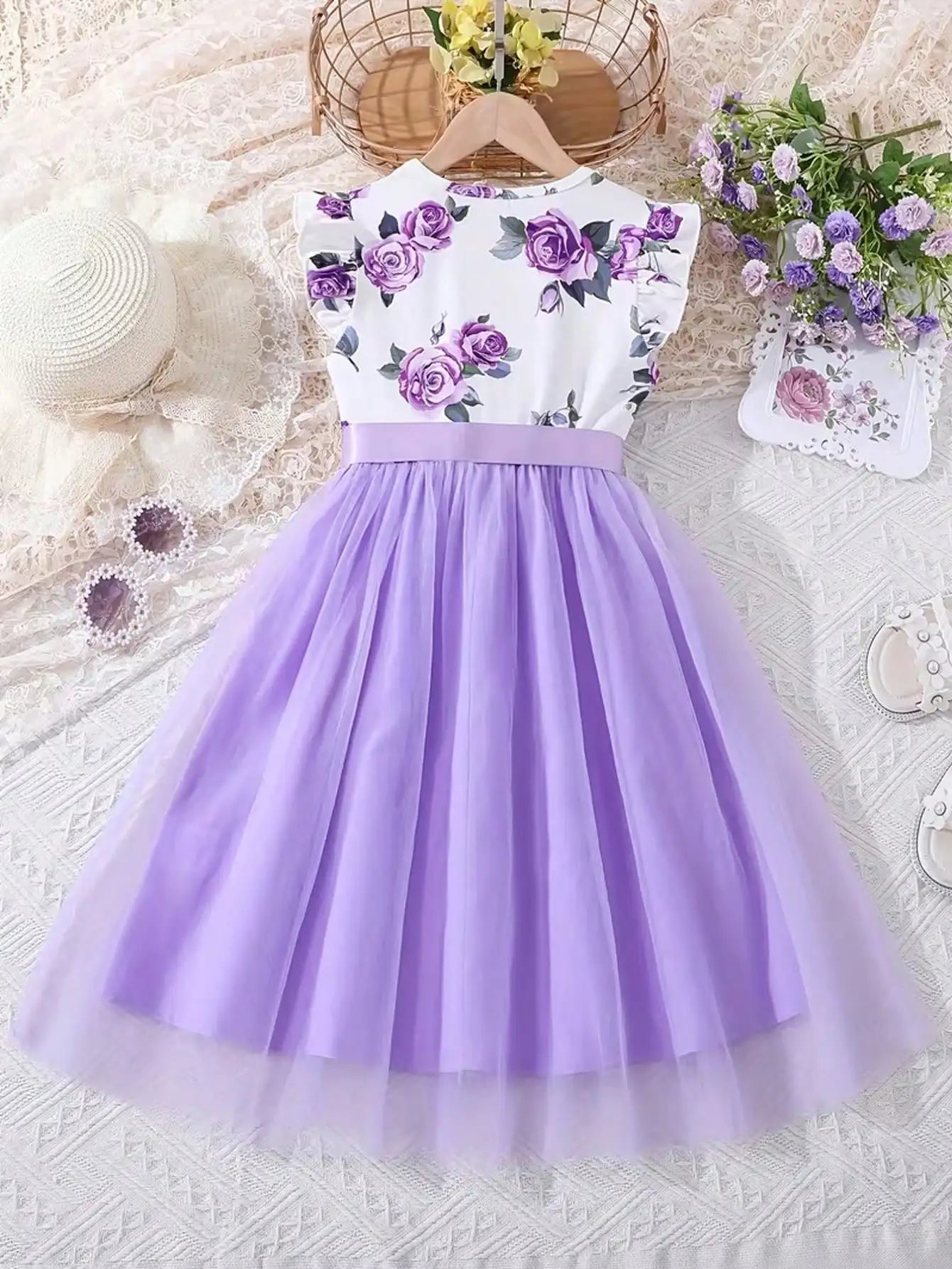 202 casual spring and autumn girls' children's clothing with small flying sleeves and floral print round neck cute fluffy dress