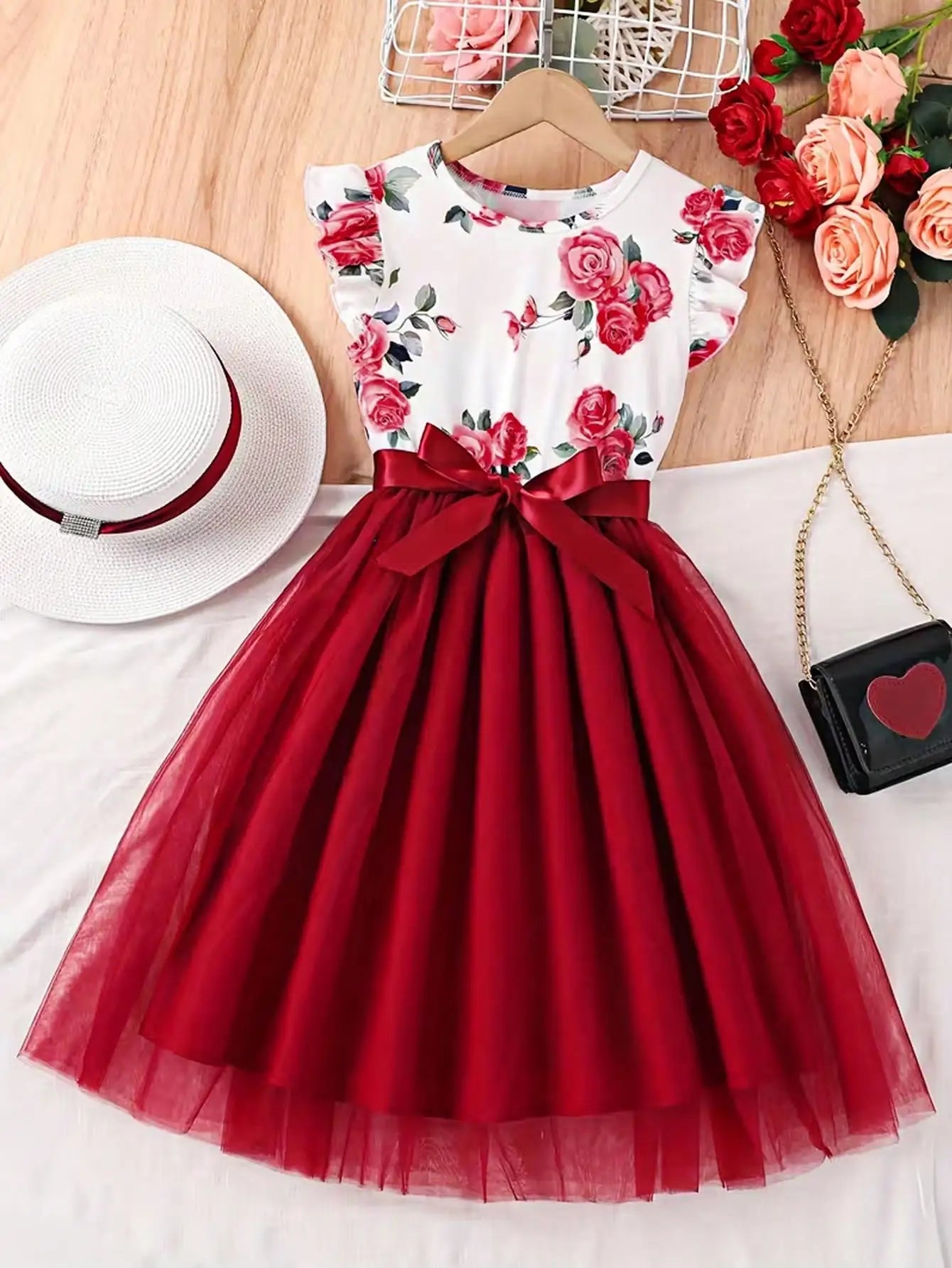 202 casual spring and autumn girls' children's clothing with small flying sleeves and floral print round neck cute fluffy dress