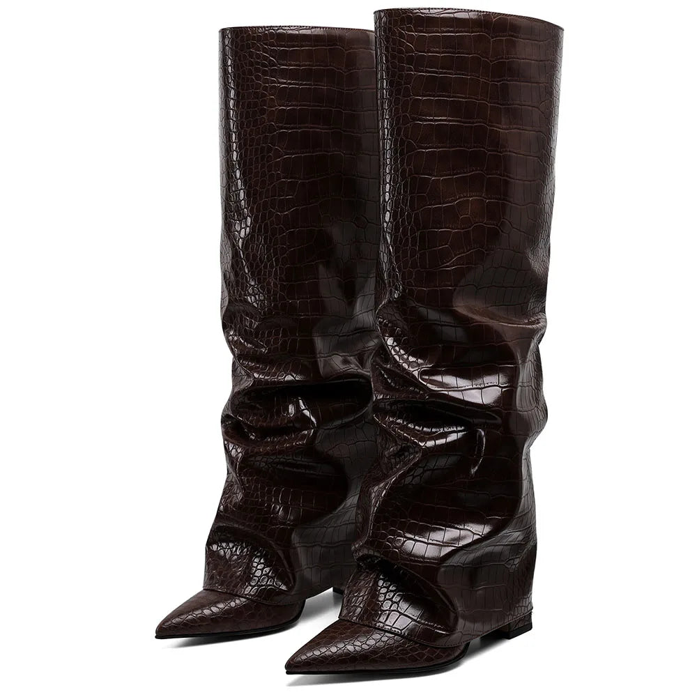 GIGIFOX Knee High Fashion Women Fold Over Boots Pleated Block High Hee ...