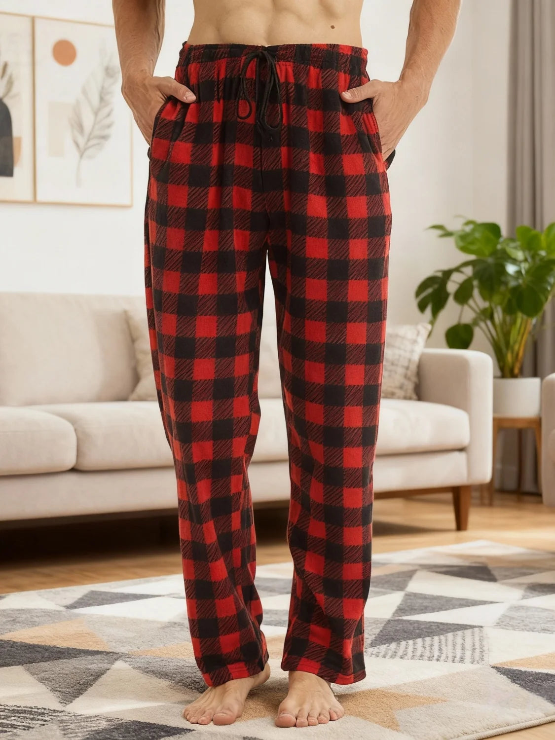Mens Christmas Pajama Pants Winter Bottoms Fleece Lounge Sleepwear Lightweight Plaid pj Pants with Pockets Microfleece