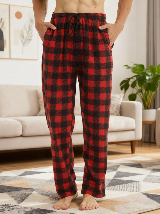 Mens Christmas Pajama Pants Winter Bottoms Fleece Lounge Sleepwear Lightweight Plaid pj Pants with Pockets Microfleece