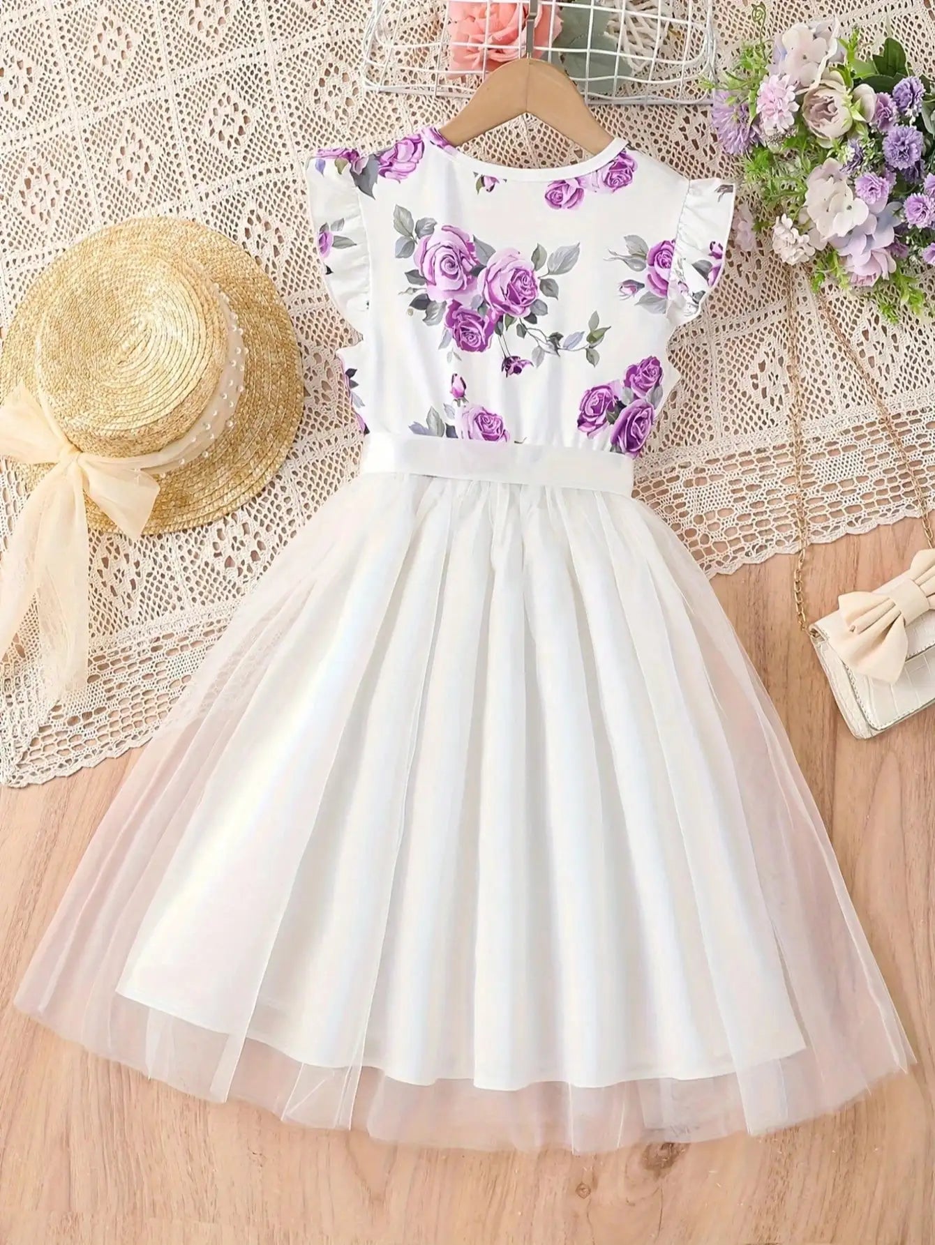 202 casual spring and autumn girls' children's clothing with small flying sleeves and floral print round neck cute fluffy dress