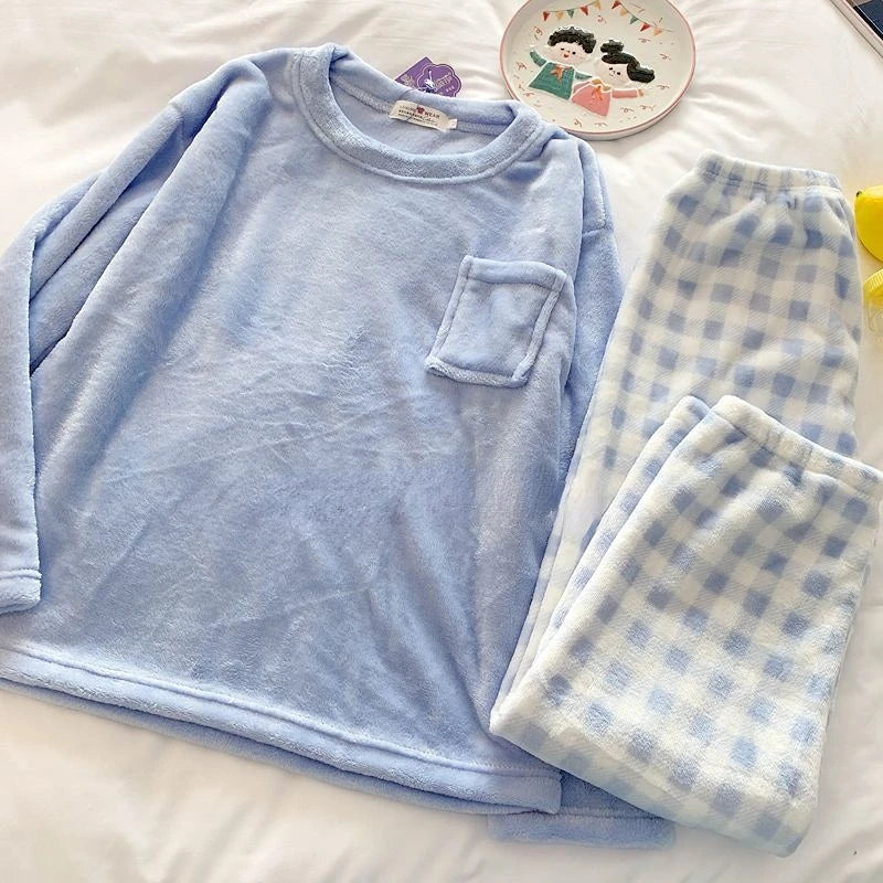 Women Autumn Winter Warm Flannel Female Pajamas Sets Thick Coral Velvet Long Sleeve Cartoon Sleepwear Sweet Solid Homewear 2XL