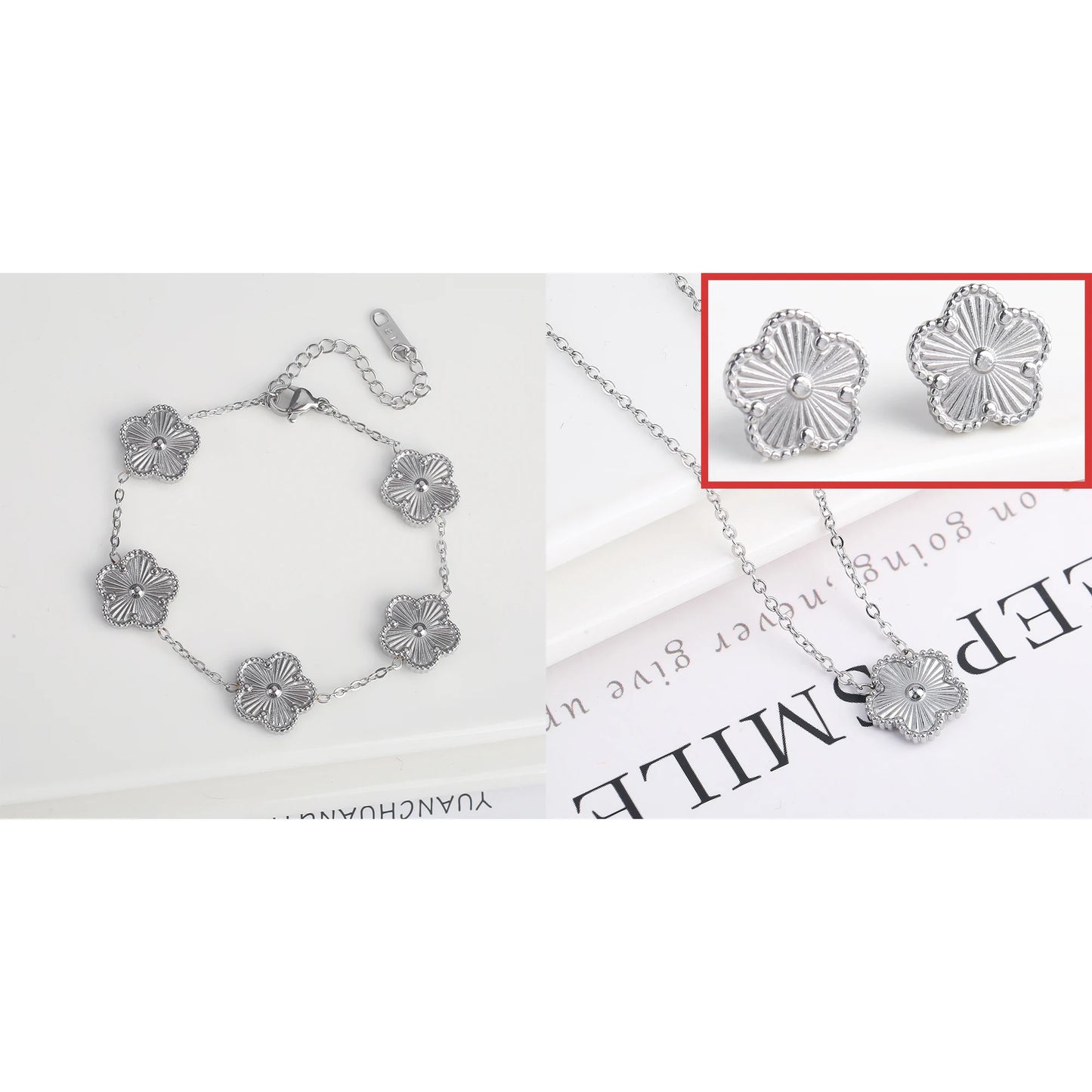 Simple 316L Stainless Steel Flower Five Leaf Necklace Bracelet Earrings 18K Gold Plated Jewelry Set for Women Girl Gift Clover
