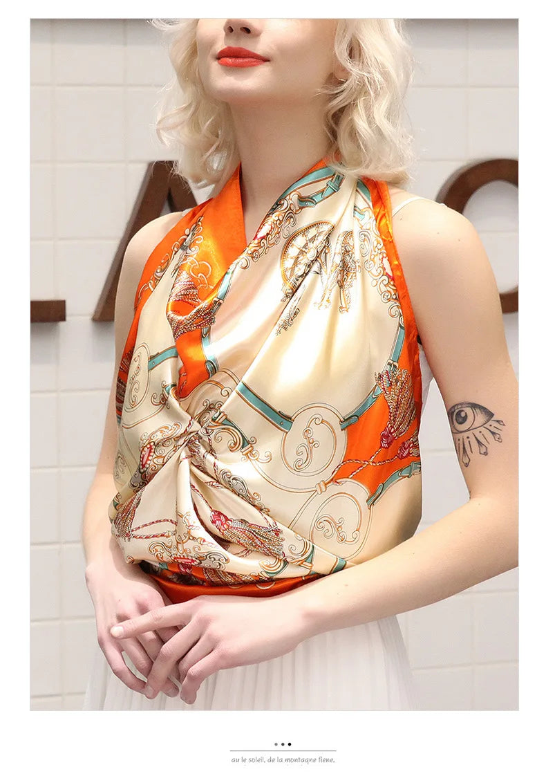 New 90*90cm Silk Scarf Scarftop Headwraps For Woman Fashion Four Seasons Hair Accessories Hijab Foulard Bandana shawl Headscarf