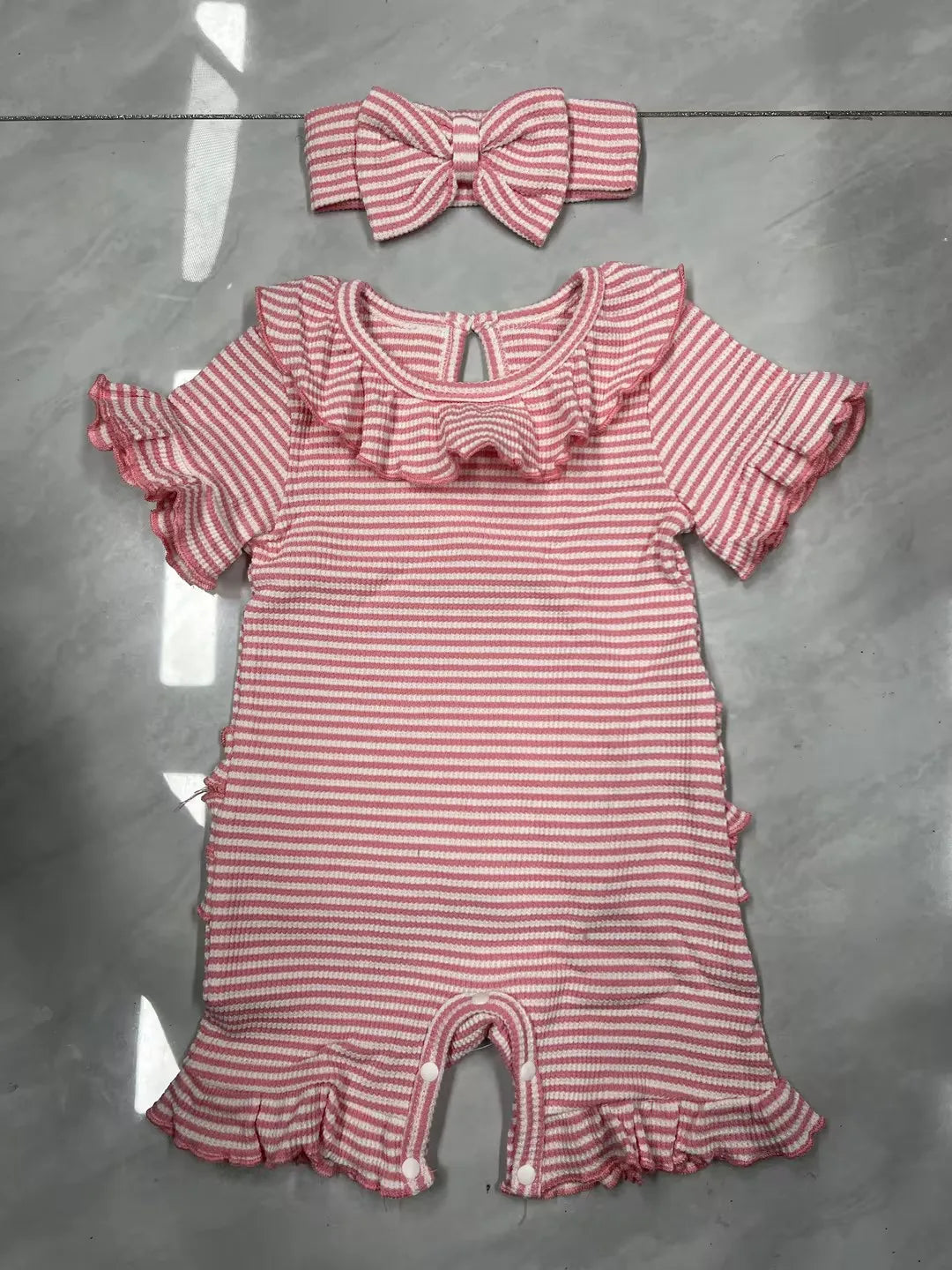 0-12months Baby Girl playsuit Summer Ruffle Short Sleeve Striped Print Romper for infant girls and Bow Headband Set