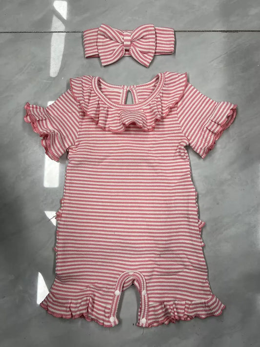 0-12months Baby Girl playsuit Summer Ruffle Short Sleeve Striped Print Romper for infant girls and Bow Headband Set