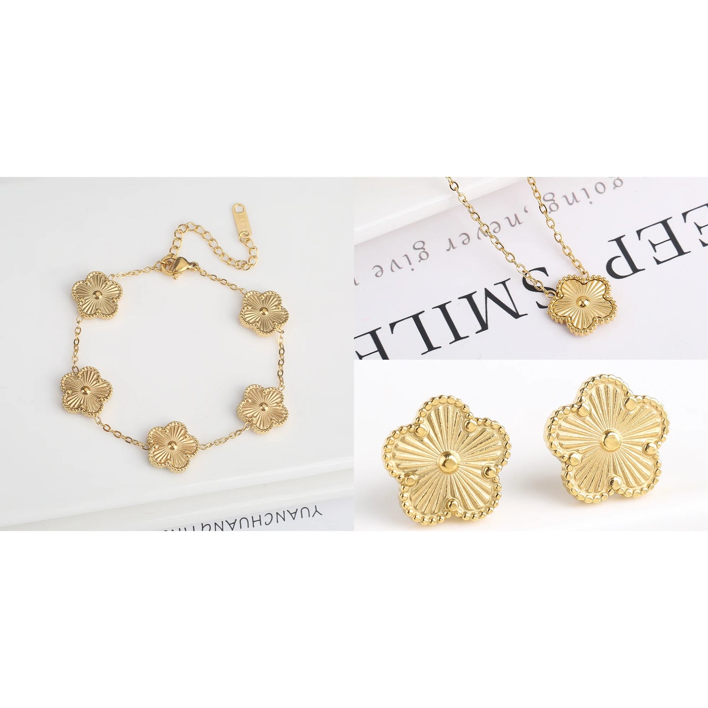 Simple 316L Stainless Steel Flower Five Leaf Necklace Bracelet Earrings 18K Gold Plated Jewelry Set for Women Girl Gift Clover