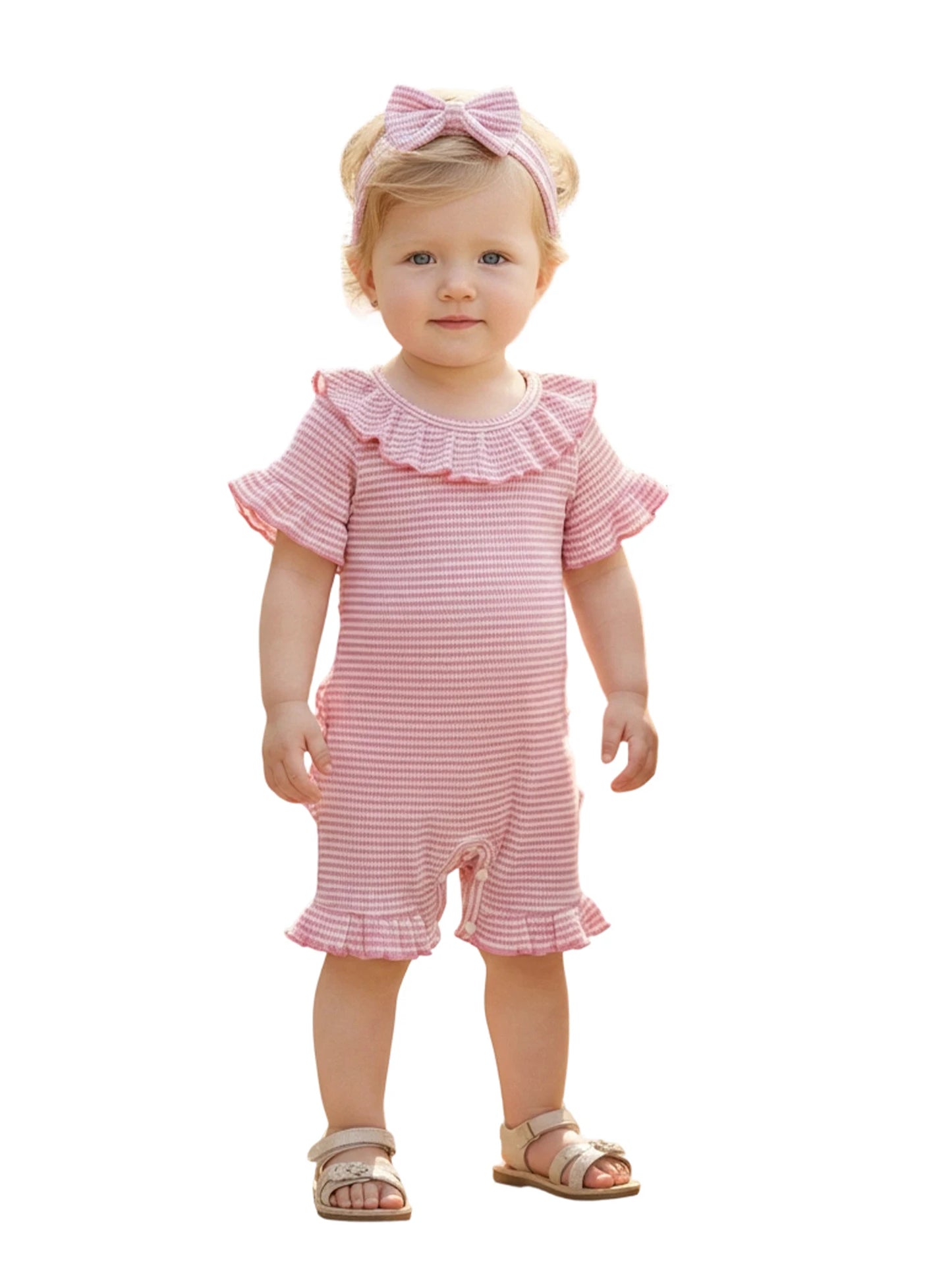0-12months Baby Girl playsuit Summer Ruffle Short Sleeve Striped Print Romper for infant girls and Bow Headband Set