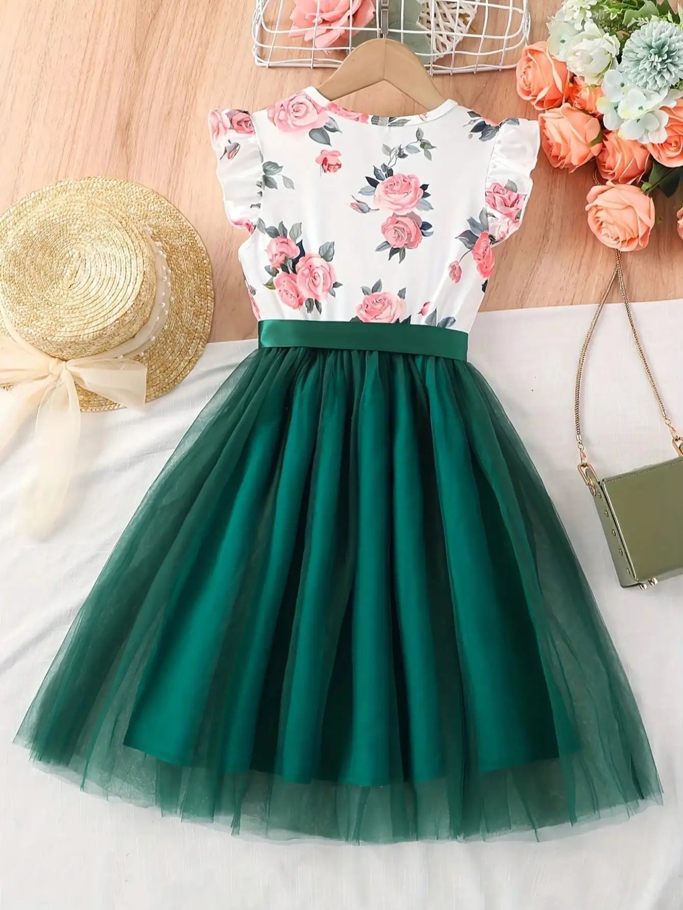 202 casual spring and autumn girls' children's clothing with small flying sleeves and floral print round neck cute fluffy dress