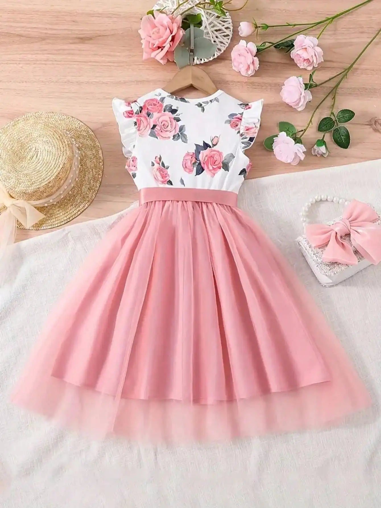 202 casual spring and autumn girls' children's clothing with small flying sleeves and floral print round neck cute fluffy dress
