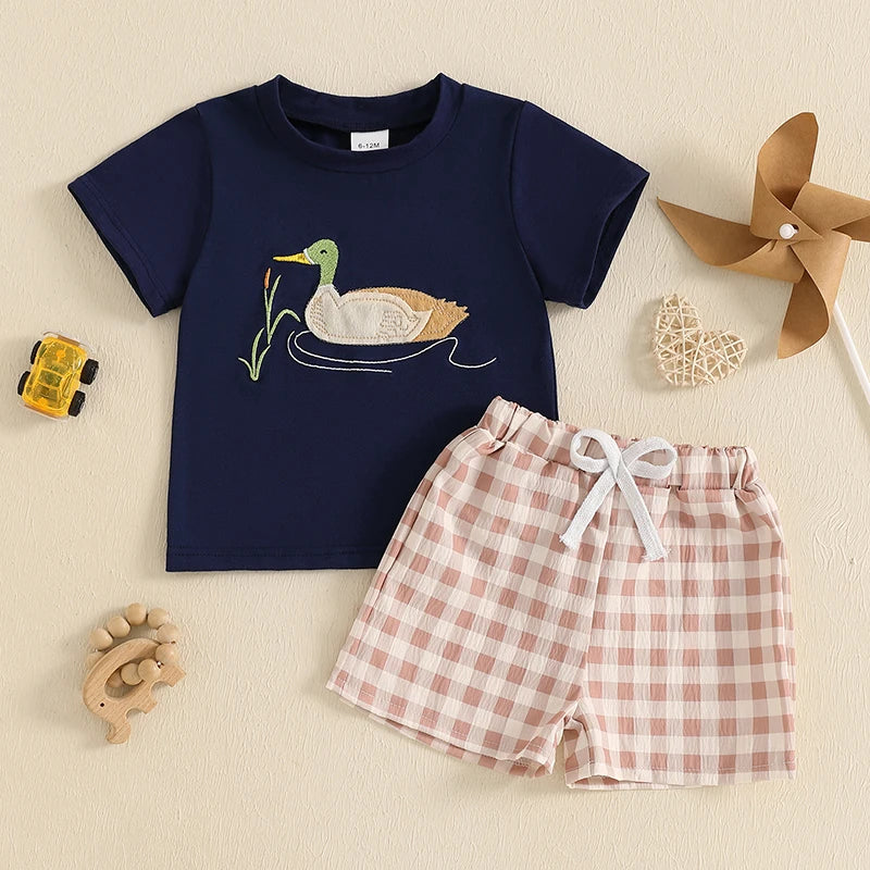 Boys Dinosaur Print T-shirt and Plaid Shorts Set Short Sleeve Embroidery Toddler Outfit for Summer Fun and Play