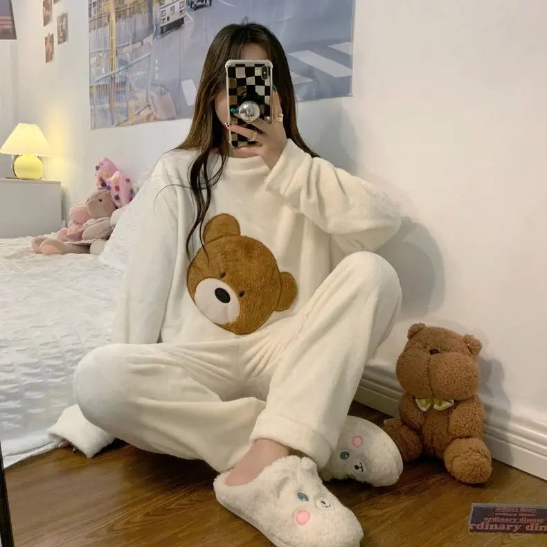 Women Autumn Winter Warm Flannel Female Pajamas Sets Thick Coral Velvet Long Sleeve Cartoon Sleepwear Sweet Solid Homewear 2XL