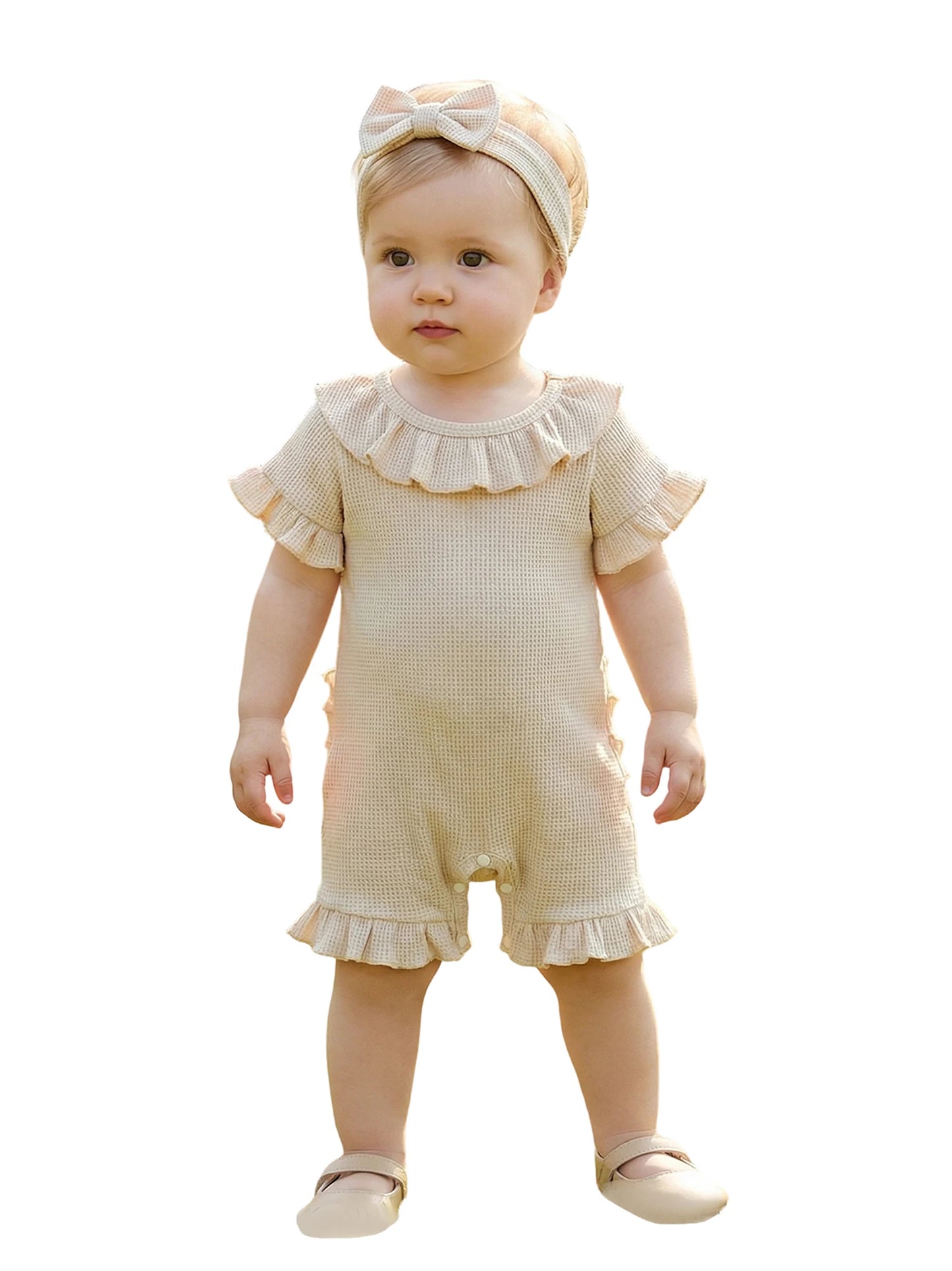 0-12months Baby Girl playsuit Summer Ruffle Short Sleeve Striped Print Romper for infant girls and Bow Headband Set