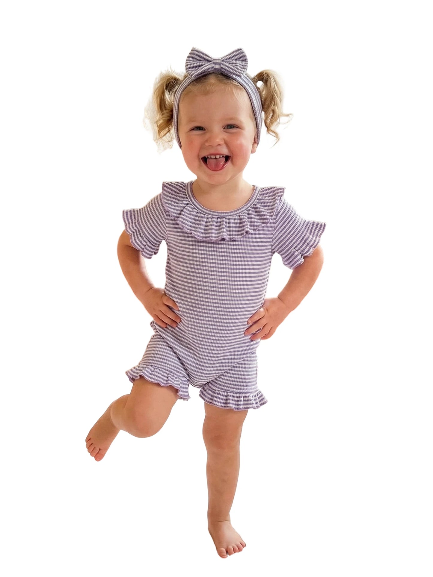 0-12months Baby Girl playsuit Summer Ruffle Short Sleeve Striped Print Romper for infant girls and Bow Headband Set