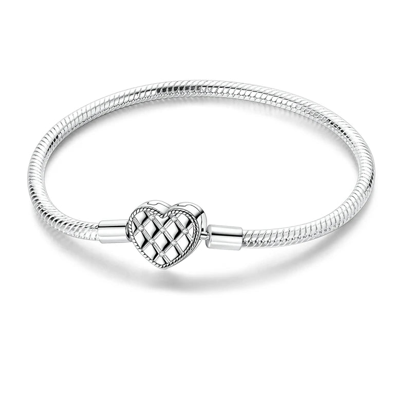 925 Sterling Silver Bracelets 17-20CM Original Golden Sparkling Heart Shaped Bracelet Fit DIY Charms Beads Fashion Women Jewelry