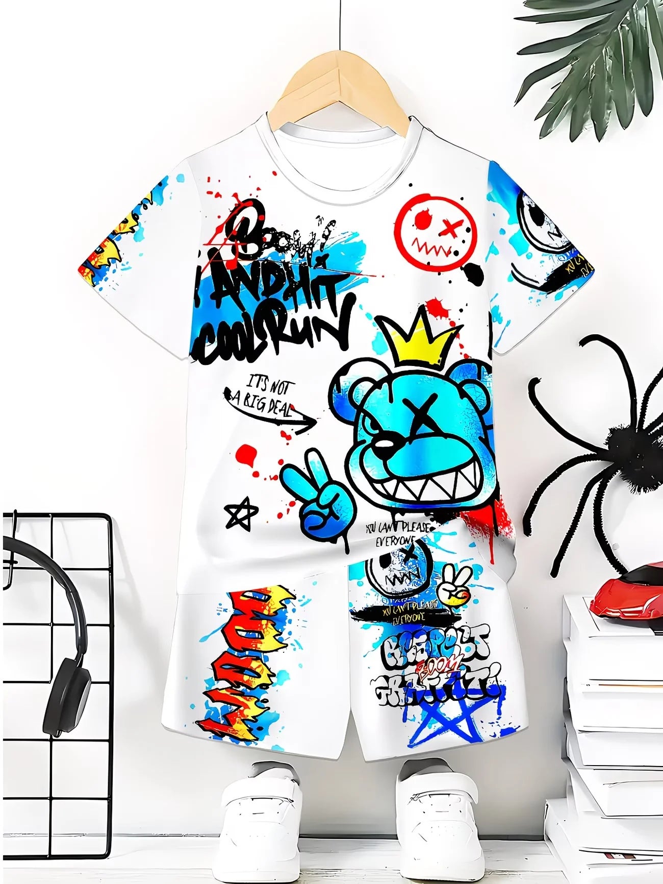 Crew Neck T-Shirt + Shorts Set Graffiti Style Allover Print Casual Streetwear Kids Daily Playwear Ages 1-14