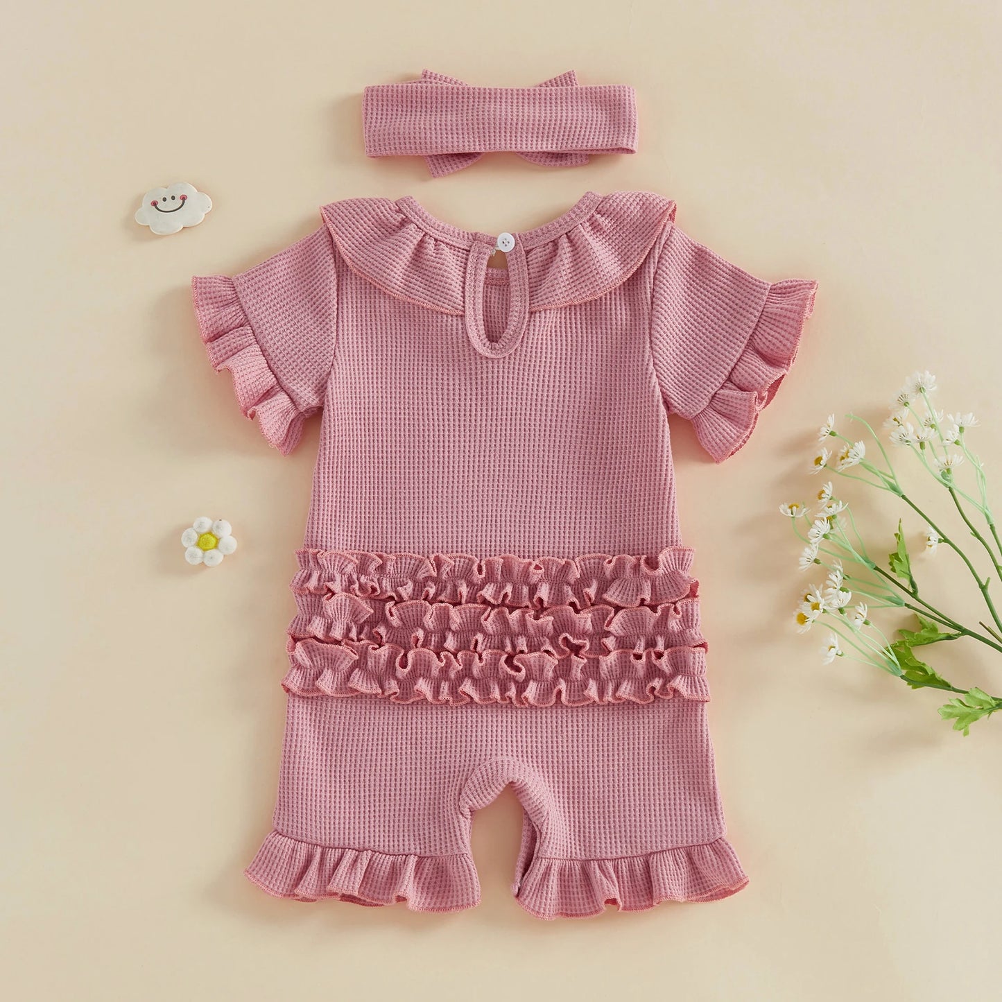 0-12months Baby Girl playsuit Summer Ruffle Short Sleeve Striped Print Romper for infant girls and Bow Headband Set